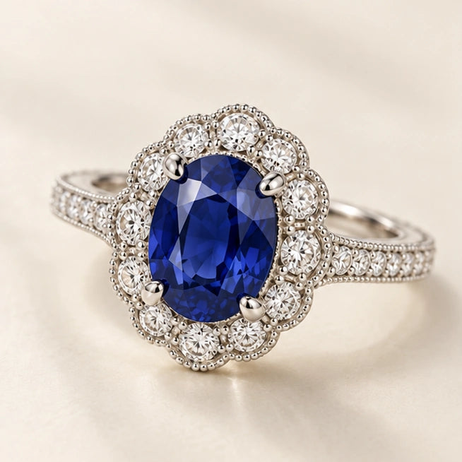 Blue Oval Halo Ring