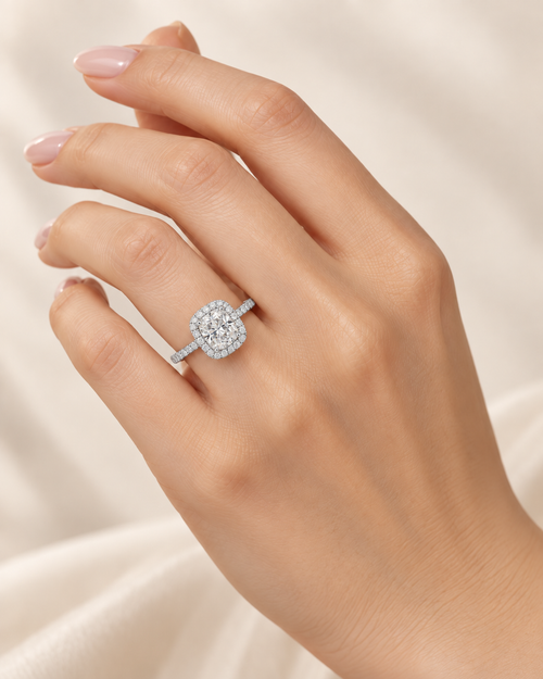 Cushion-Cut Diamond Halo Ring worn on hand