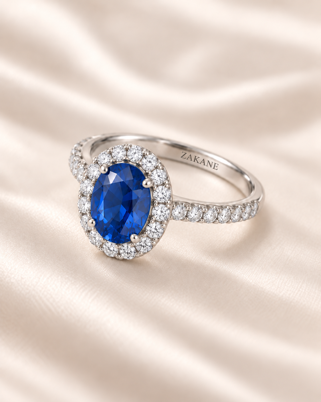 Oval Blue Sapphire Halo Diamond Ring